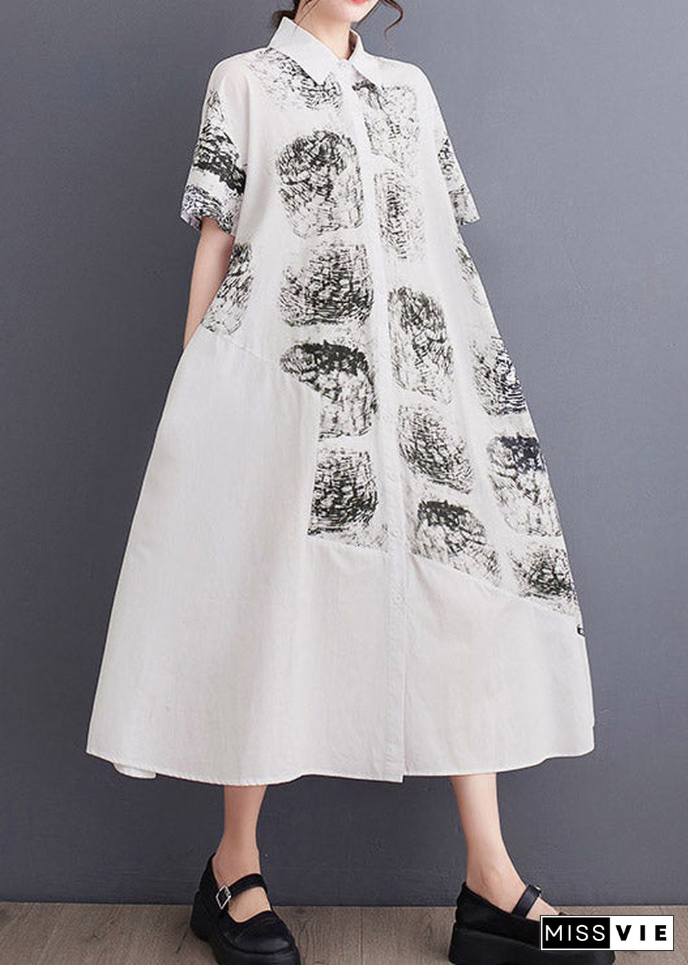 Women White Peter Pan Collar Print Long Shirt Dress Summer