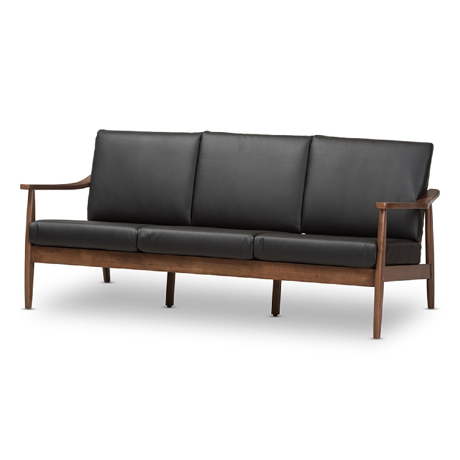 Baxton Studio Venza Walnut Wood Black Faux Leather 3 Seater Sofa