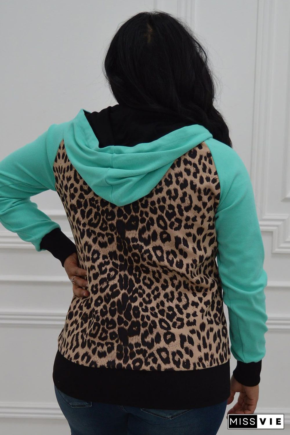 Leopard Patchwork Zipped Pockets Plus Size Hoodie