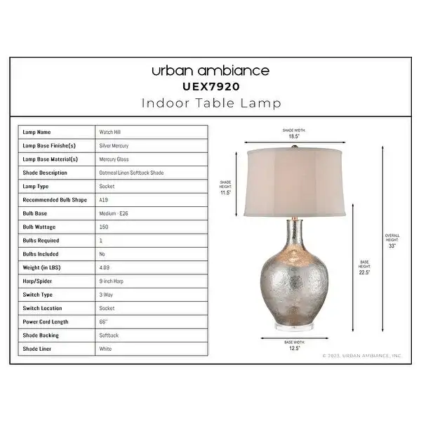 Luxury Transitional Table Lamp， 18.5''W x 18.5''D x 33''H， with Modern-Rustic Elements， Silver Mercury and Oatmeal Linen Shade