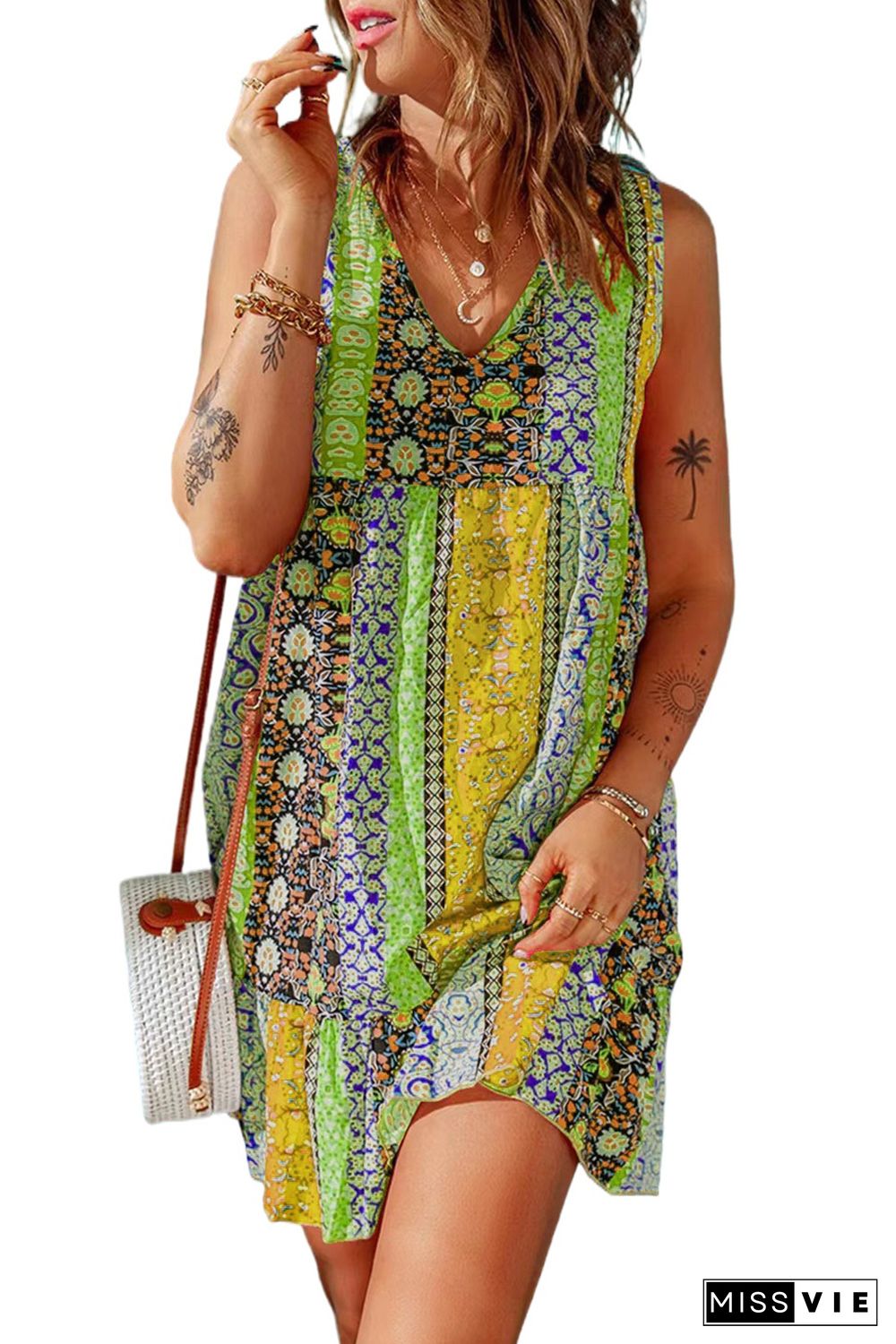 Green Floral Splicing Flounce V Neck Sleeveless Mini Dress