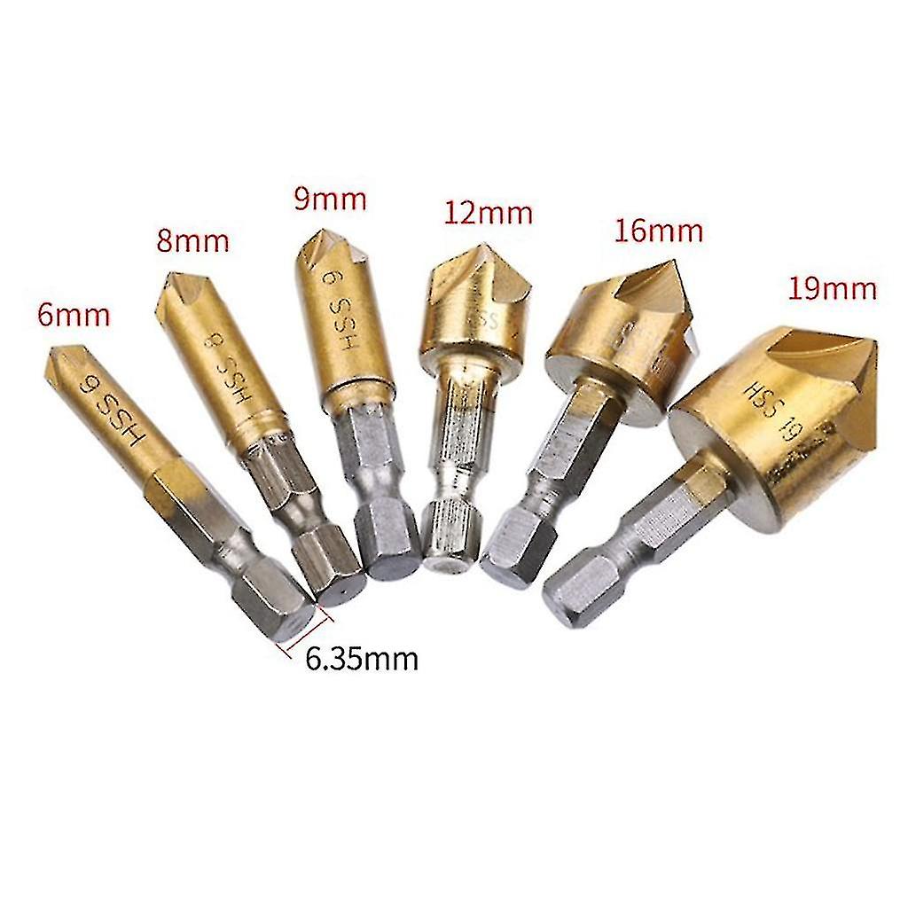 6 Pieces 90  Countersink Set， Hexagon Countersink Kit， Chamfer Cutter Contain Hole Reamer， Countersink For Woodworking Drill Bits 6mm-19mm