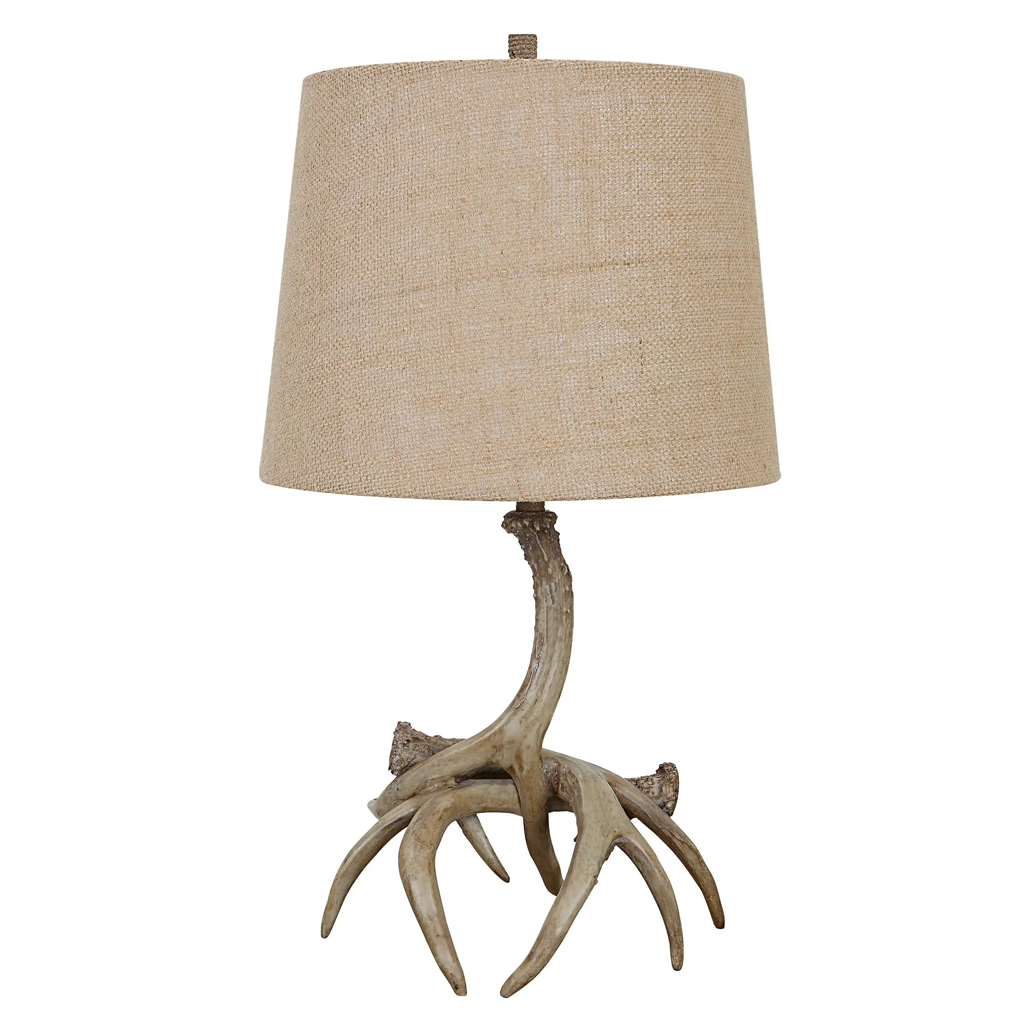 22 Inch Polyresin Table Lamp， Antlers， Burlap Shade， Beige