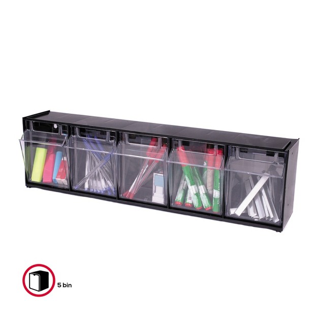 Deflecto Tilt Bin Plastic Storage System W 5 Bins 23 5 8 X 5 1 4 X 6 1 2 Black 20504op