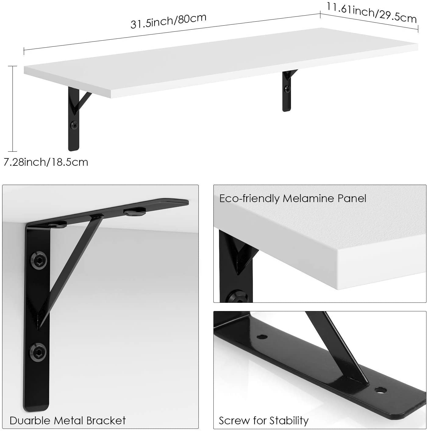 Homfa Floating Wall Shelves, Mounted Display Storage Ledge with Bracket for Bathroom Kitchen Living Room,  White (Set of 2)