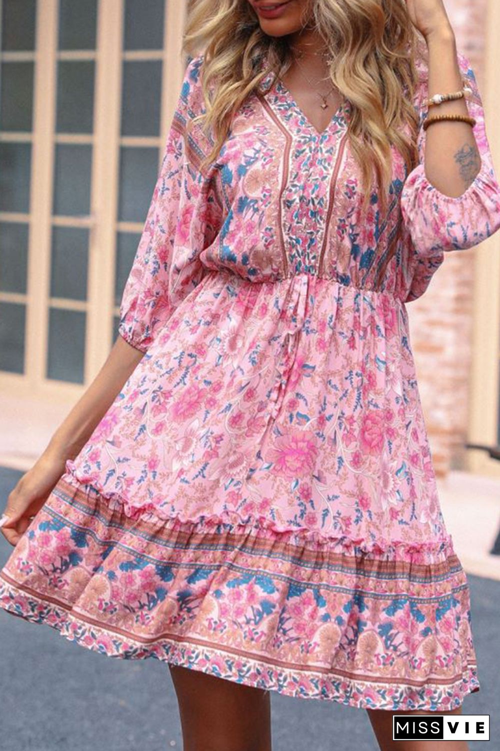 Pink Floral Print Vintage Loose Dress Wholesale