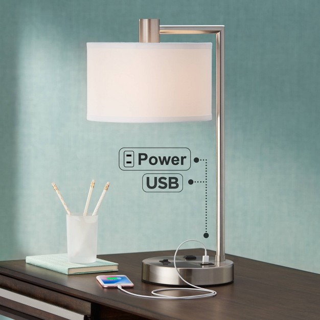 High Brushed Nickel With Usb And Ac Power Outlet In Base White Linen Drum Shade For Bedroom Living Room Office