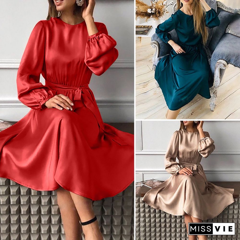 ZANZEA Women Ladies Puff Sleeve Elegant Dress Satin Oversize Holiday Crew Neck Plain Party Dress