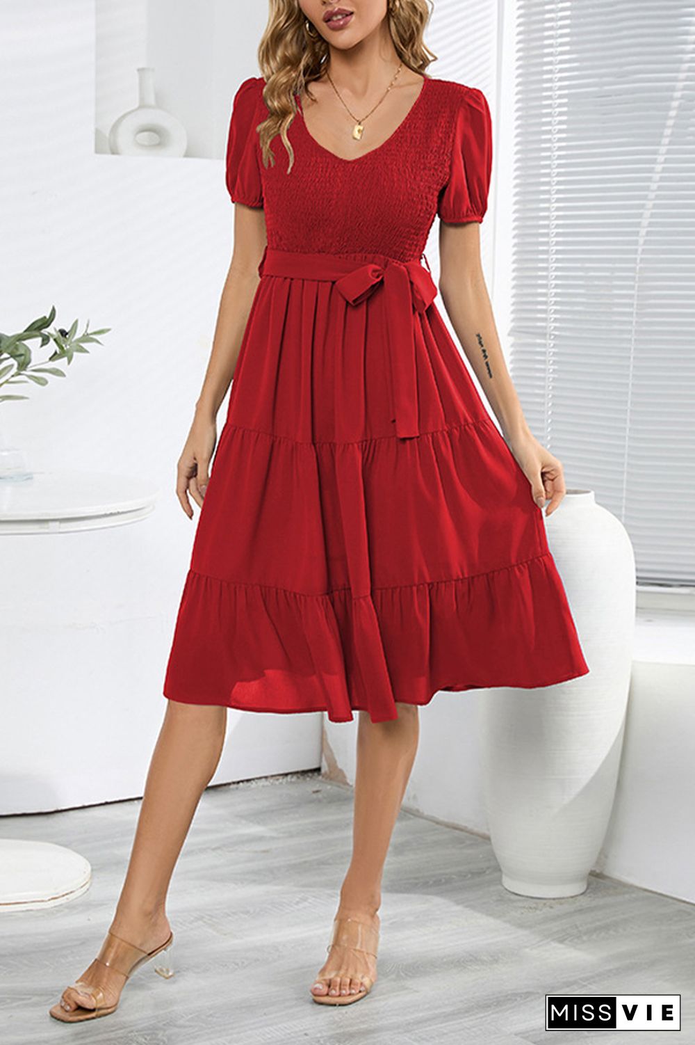 Plain V Neck Smocked Puff Tiered Midi Dress