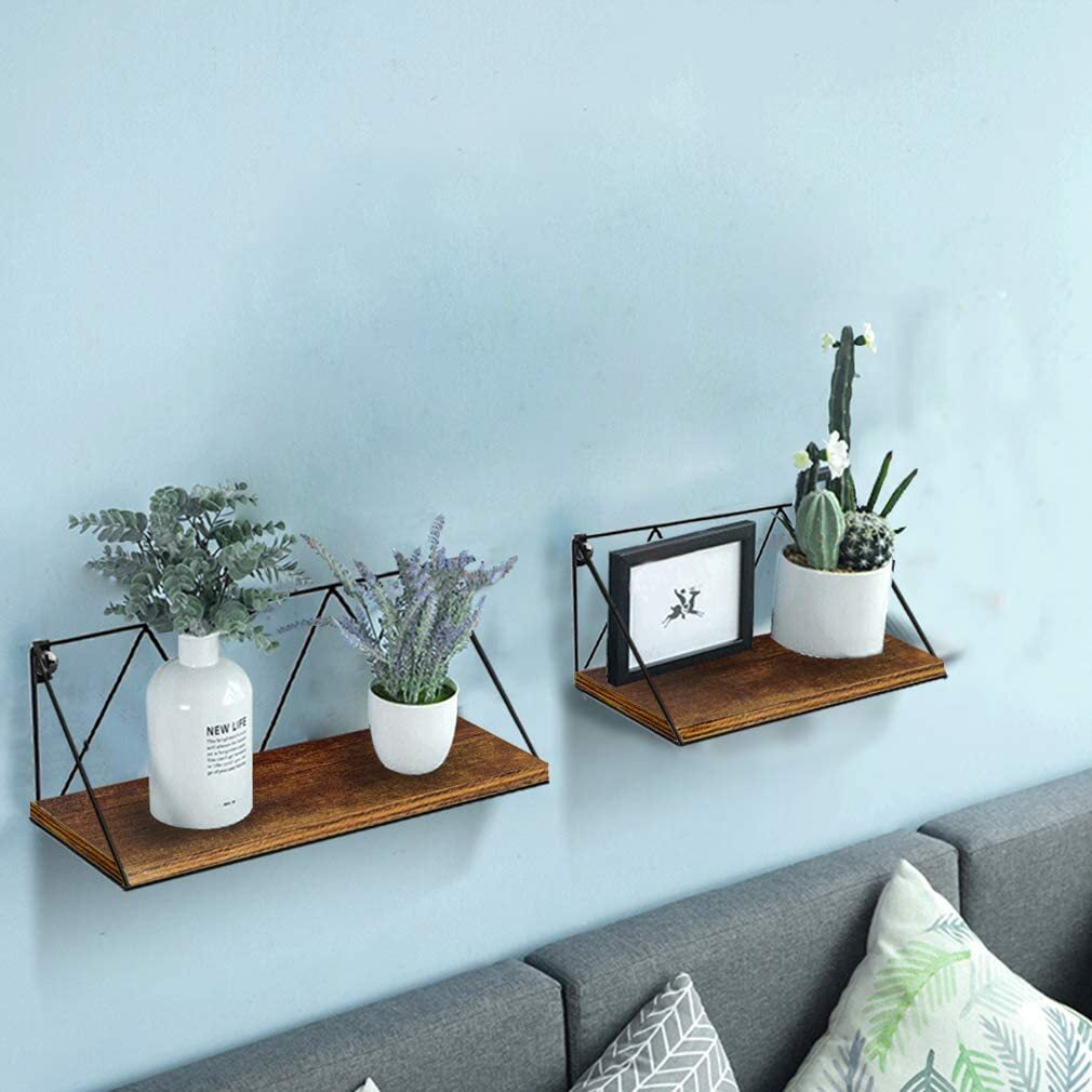 Floating Wall Shelves Set of 2, Brown Storage Shelf with Black Metal Brackets for Bedroom, Bathroom, Living Room, Kitchen and Office