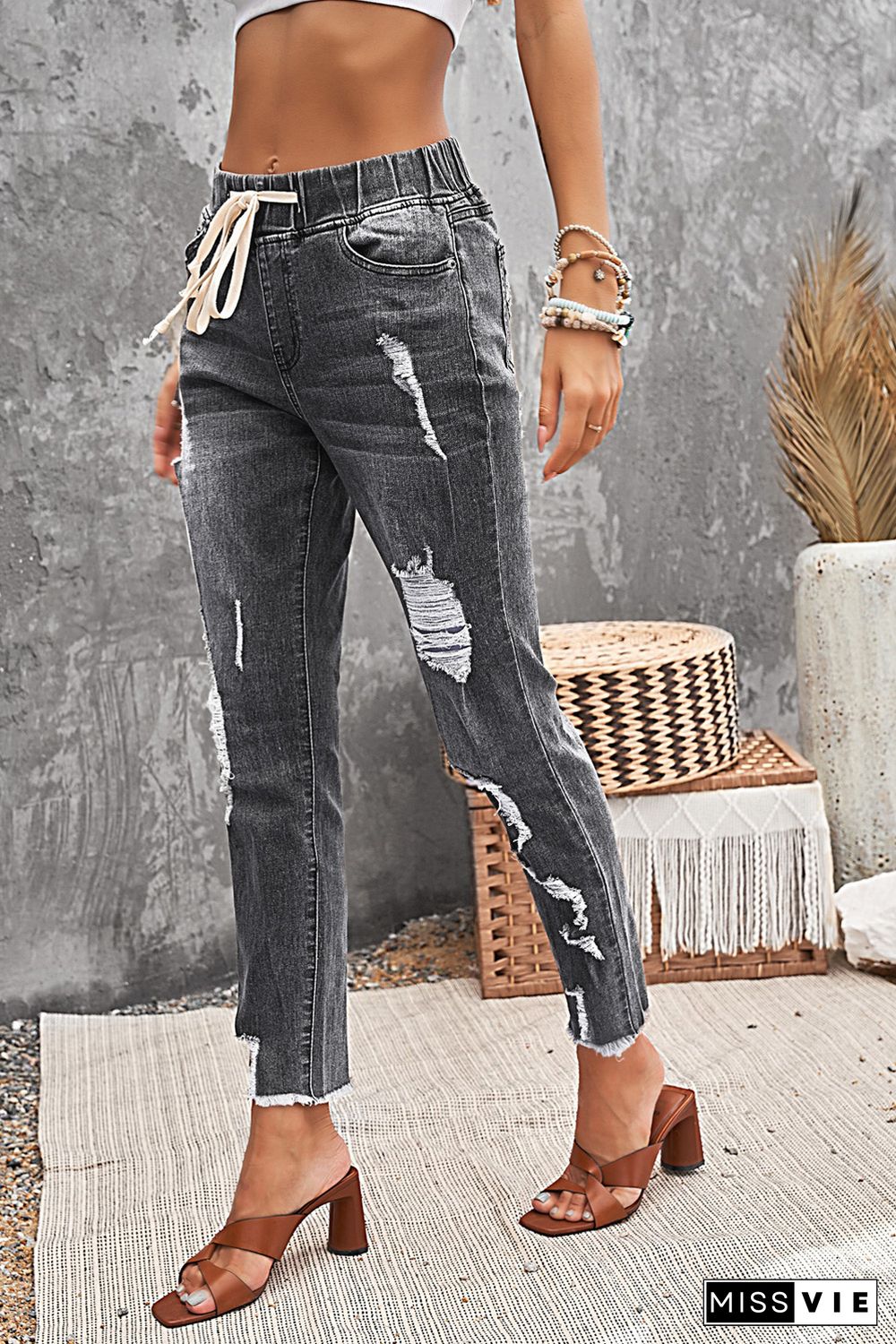 Gray Drawstring Elastic Waist Hole Ripped Jeans