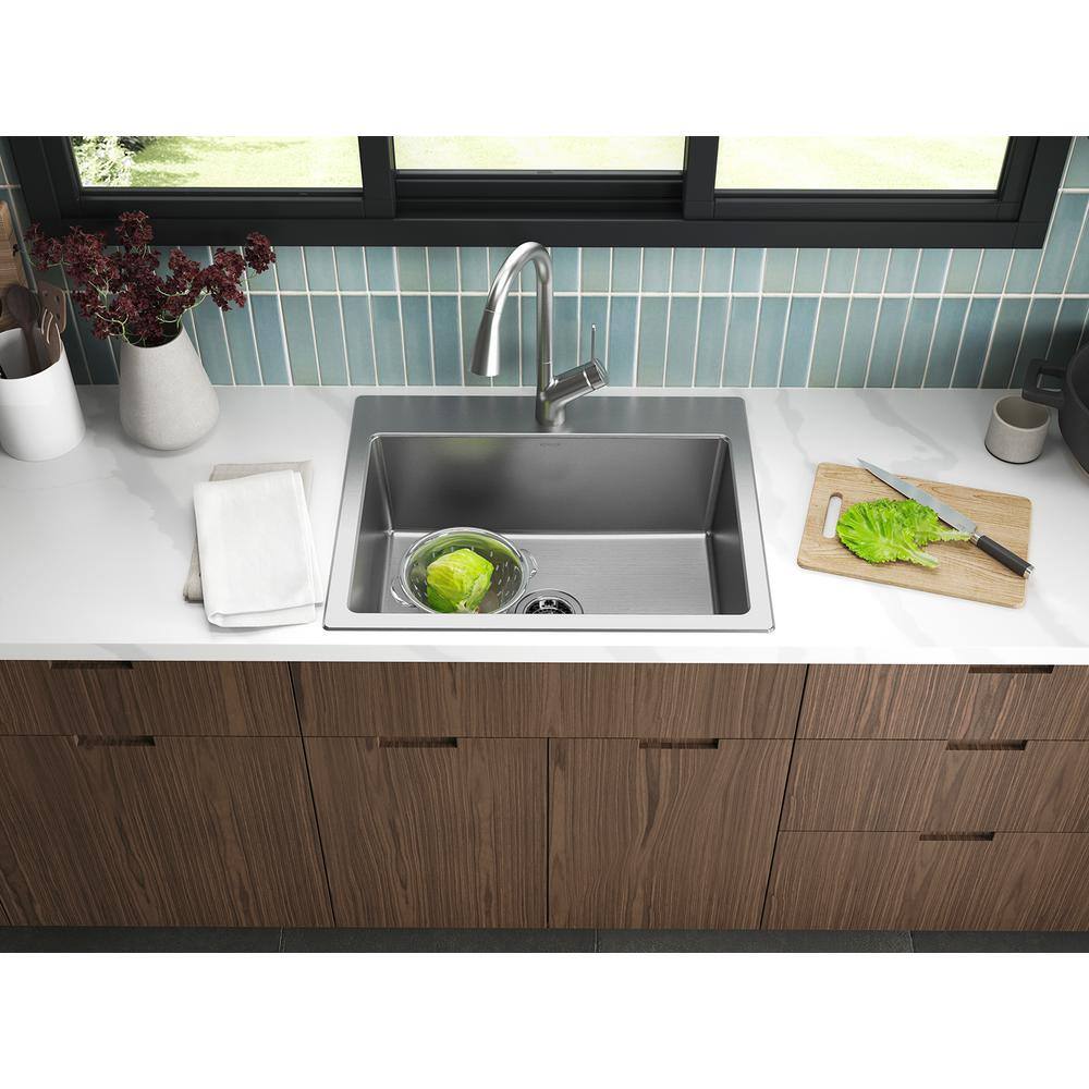 KOHLER Cursiva Stainless Steel 27 in. Single Bowl Top-MountUndermount Kitchen Sink K-RH28176-1-NA