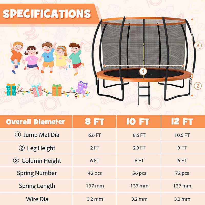 8/10/12FT ASTM Approved Outdoor Large Recreational Trampoline with Ladder & Enclosure Net Safety Pad