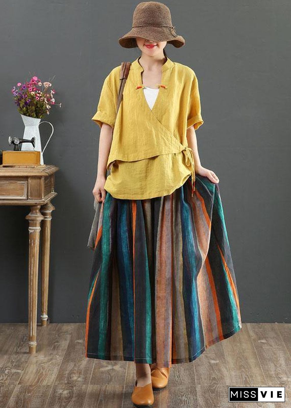 Women Striped A Line Retro Print Skirts Linen