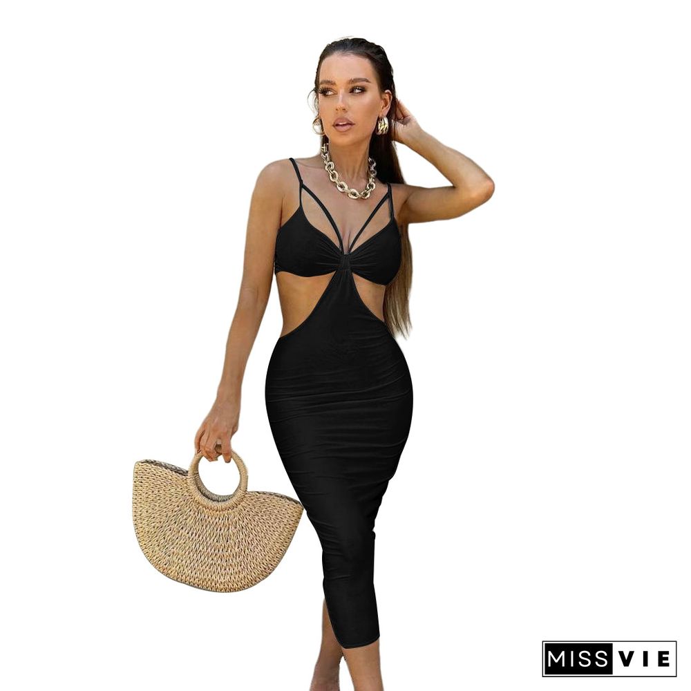 Summer Women Sexy Solid Color Spaghetti Strap V-Neck Hollow Out Backless Skinny Club Party Maxi Dress