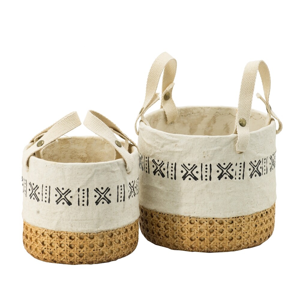 A B Home Natural Base Planters with Print Trim Cotton Handles (Set of 2)