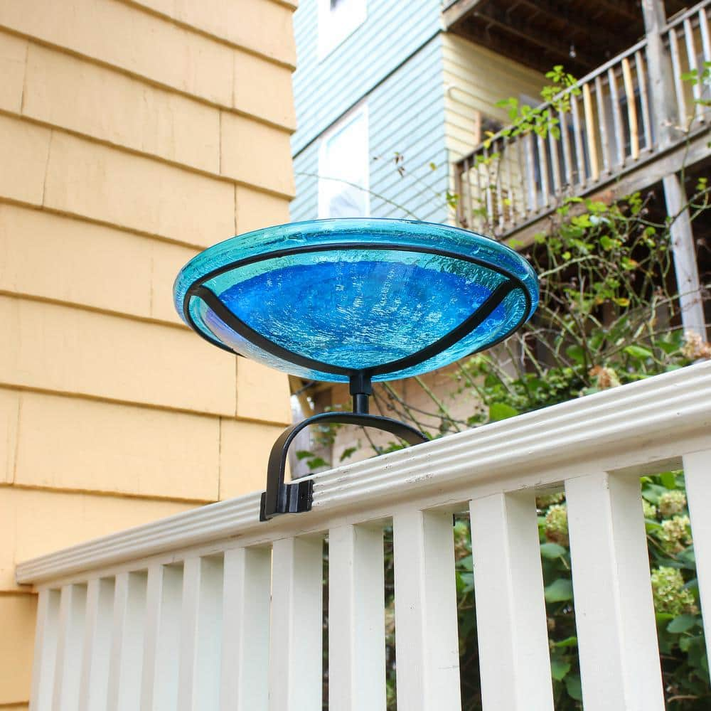 ACHLA DESIGNS 14 in. Dia Round Teal Blue Crackle Glass Birdbath with Black Wrought Iron Over Rail Bracket CGB-14T-OR2