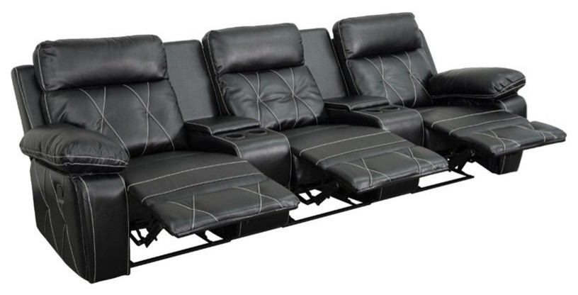 Pemberly Row 3 Seat Leather Reclining Home Theater Seating in Black   Transitional   Theater Seating   by Homesquare  Houzz