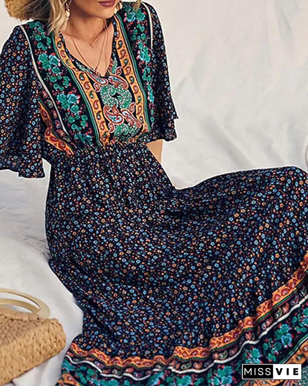 Casual Vintage Boho V-Neck Print Dress