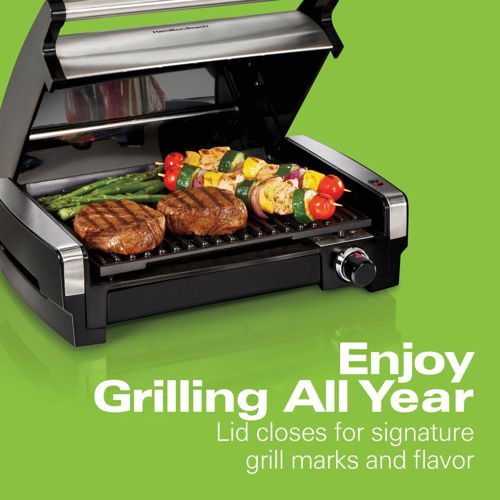 Hamilton Beach Searing Grill 118 in. Stainless Steel Indoor Grill with Non-Stick Plates 25360