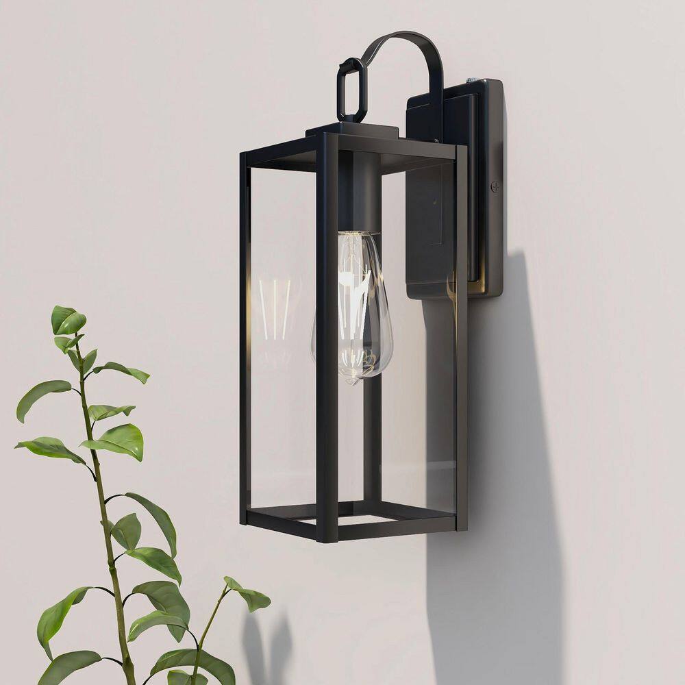 Pia Ricco 1-Light Matte Black Dusk to Dawn Sensor Hardwired Outdoor Lantern Wall Sconce Exterior Wall Fixture 1JAY-12151M-PC