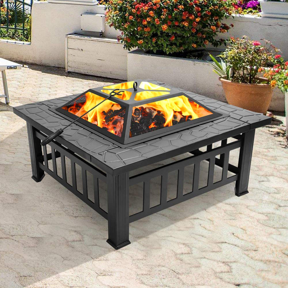 FDW 32" Outdoor Metal firepit for Patio Wood Burning Fireplace Square Garden Stove with Charcoal Rack, Poker & Mesh Cover for Camping