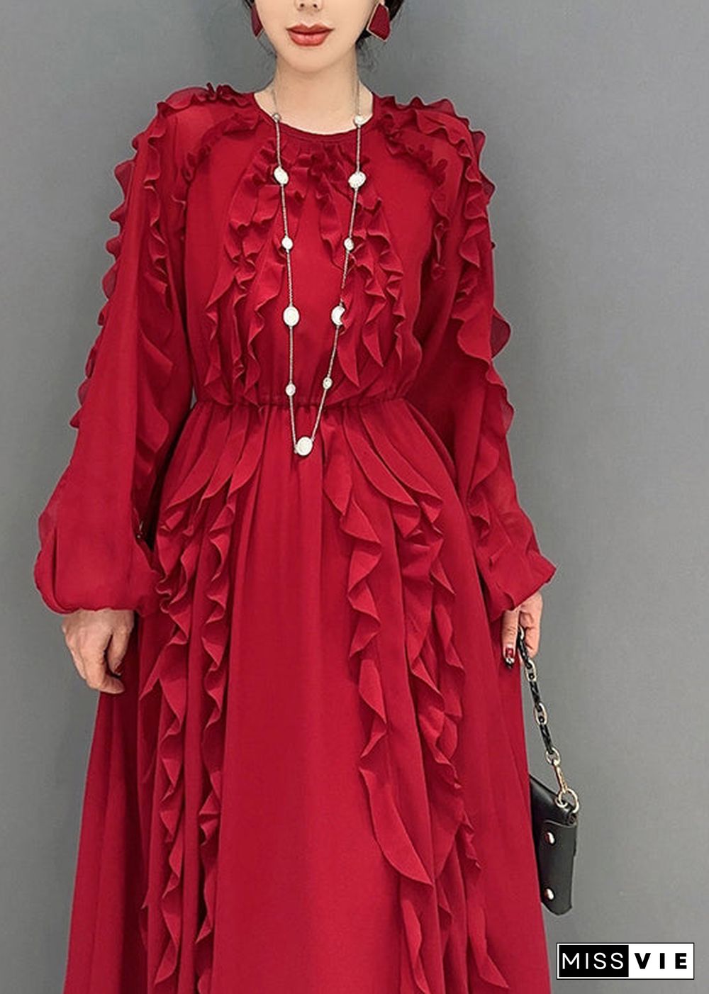 Red Slim Fit Chiffon Long Dresses O-Neck Ruffles Spring