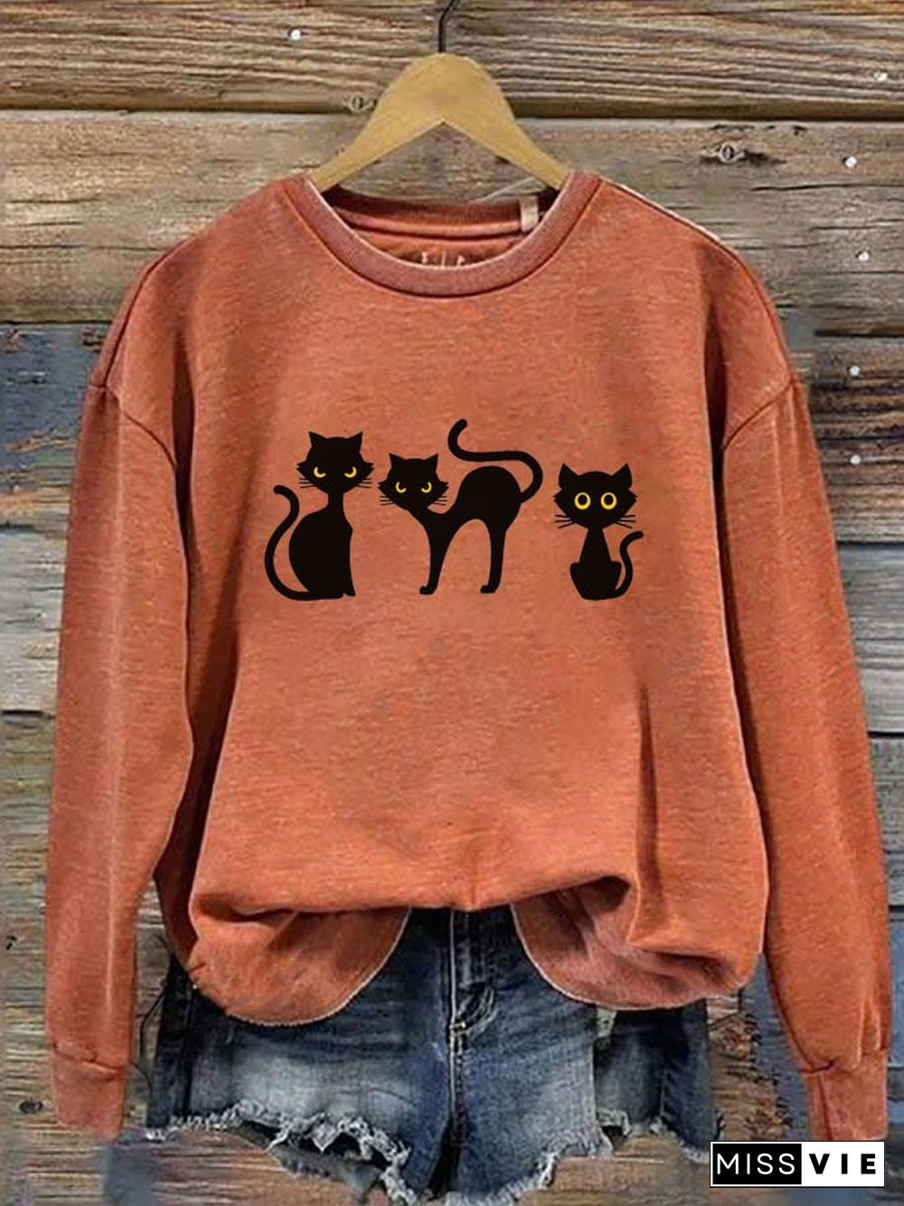 Women's Halloween Cat Print Crew Neck Sweatshirt