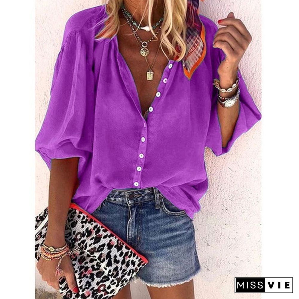 Spring Summer Tops Plus Size Fashion Clothes Women's Causal Long Sleeve Tee Shirts Solid Color Loose T-shirts Ladies Button Up Shirts Deep V-neck Pleated Chiffon Blouses XS-8XL