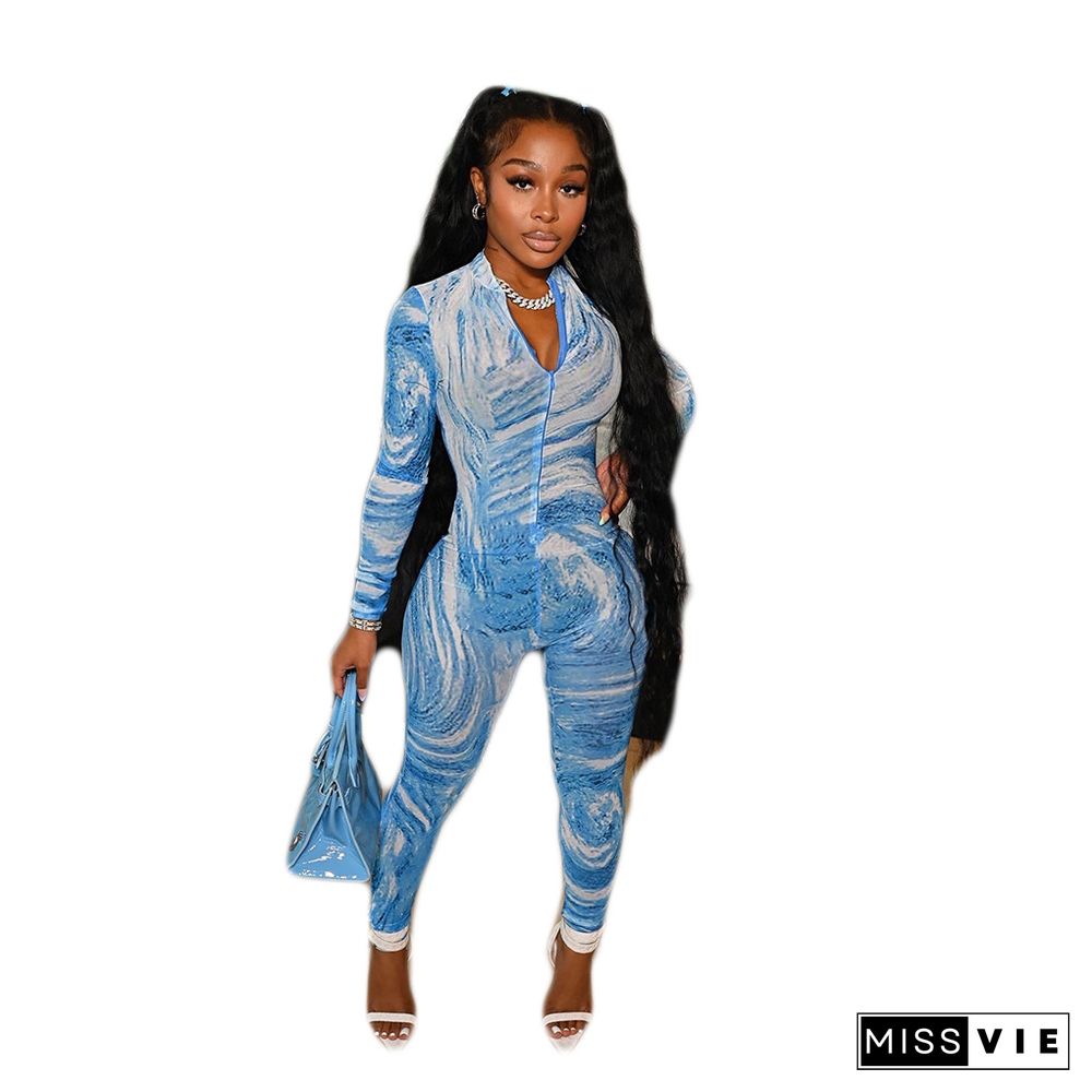 Autumn Women Elegance Tie Dye Print Long Sleeve Front Zipper One Piece Sexy Bodycon Jumpsuit