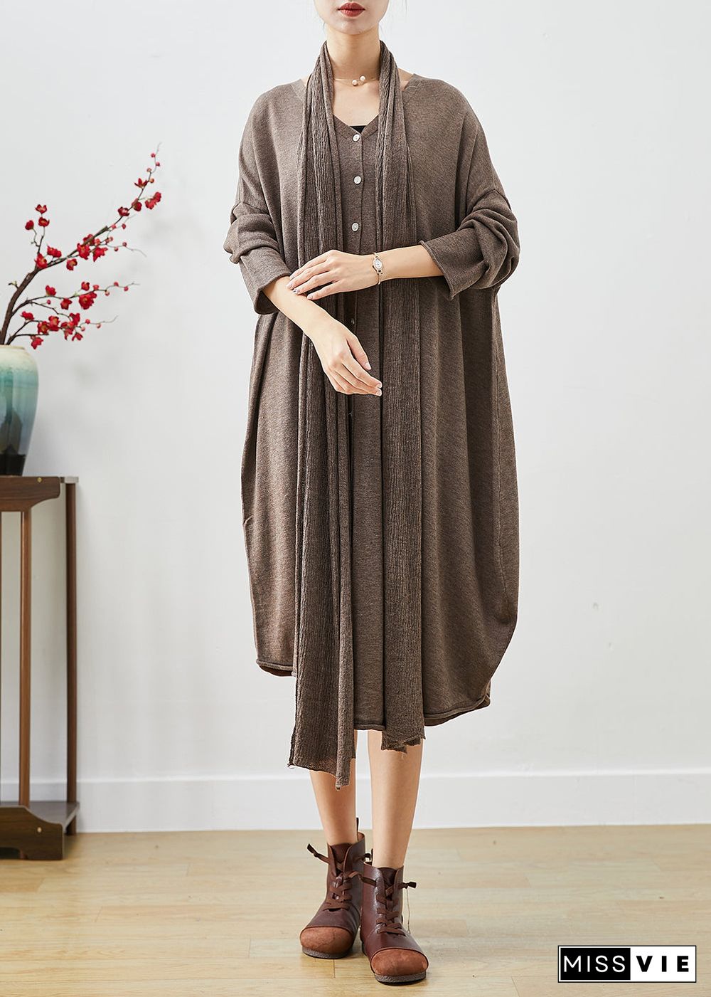 Coffee Loose Knit Maxi Dresses Button Down Complimentary Scarf Fall