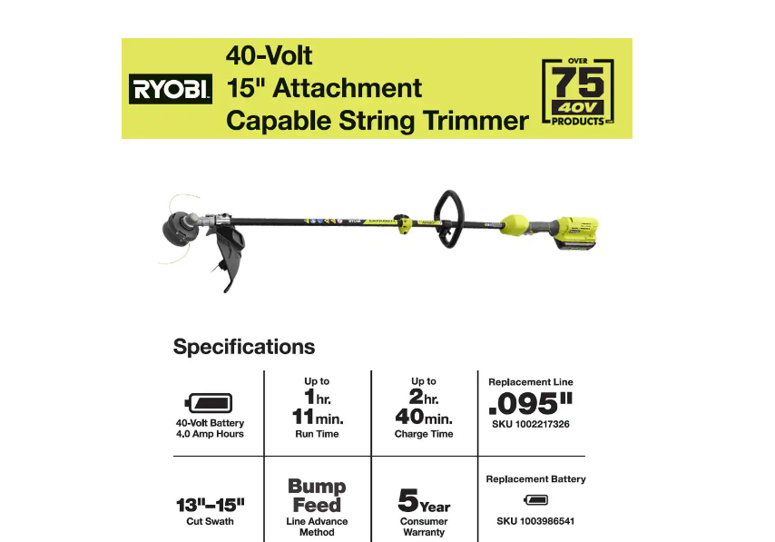 RYOBI RY40250 40V Expand-It Cordless Battery Attachment Capable String Trimmer with 4.0 Ah Battery and Charger