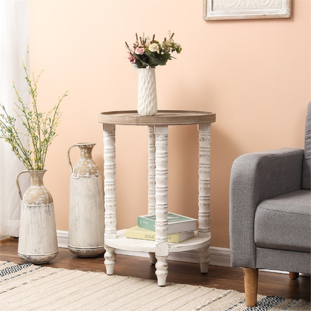 Pemberly Row Rustic Wood Round Accent Side Table with Storage in White/Natural   French Country   Side Tables And End Tables   by Homesquare  Houzz