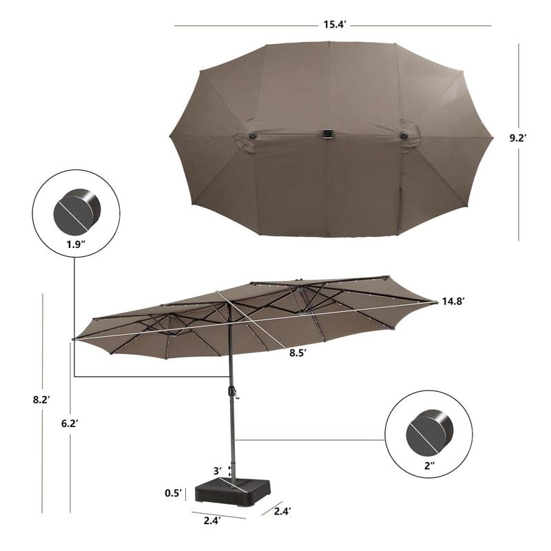 15 FT Double-Sided Patio Umbrella with 48 Solar Lights, Extra-Large Outdoor Twin Market Umbrella with Base