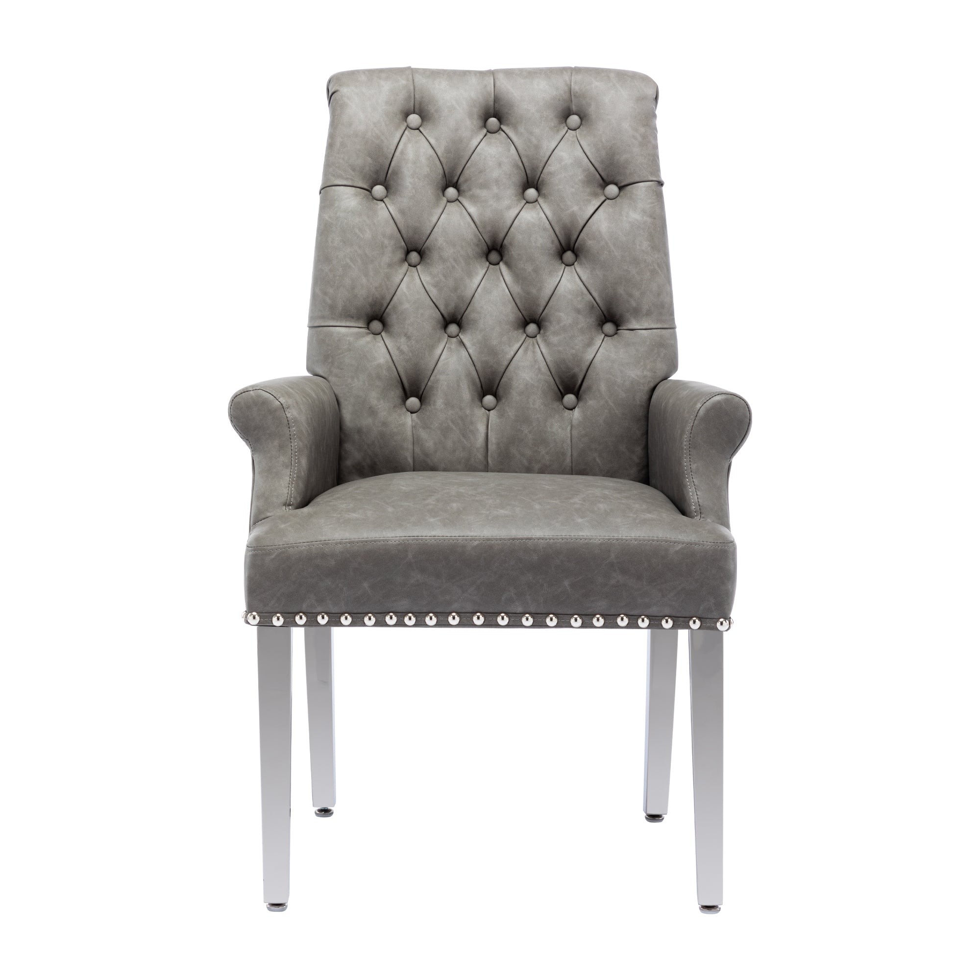 Foredo Upholstered Dining Chairs with Arms， Modern PU Dining Chairs with Metal Legs and Button Tufted Back， PU Gray