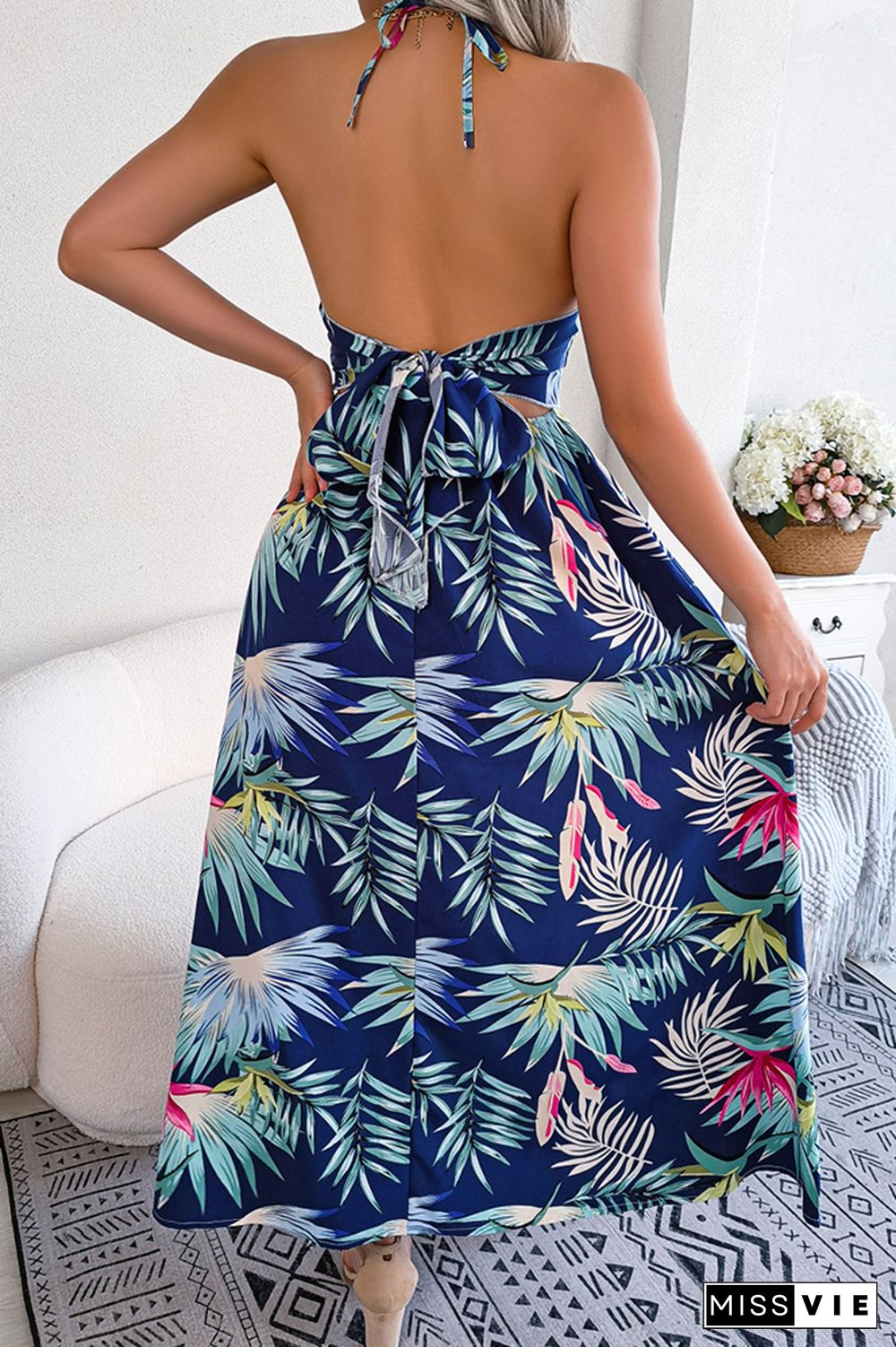 V Neck Hollow Out Backless Halter Floral Maxi Dress