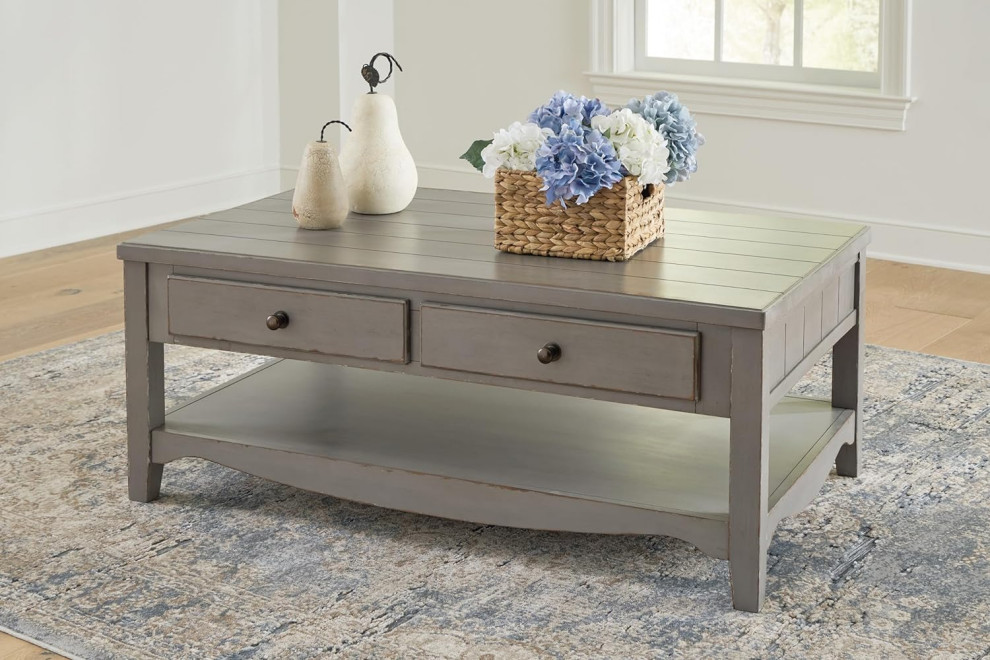 Classic Coffee Table  Rectangular Plank Top  amp2 Drawers  Distressed French Gray   Traditional   Coffee Tables   by Decor Love  Houzz