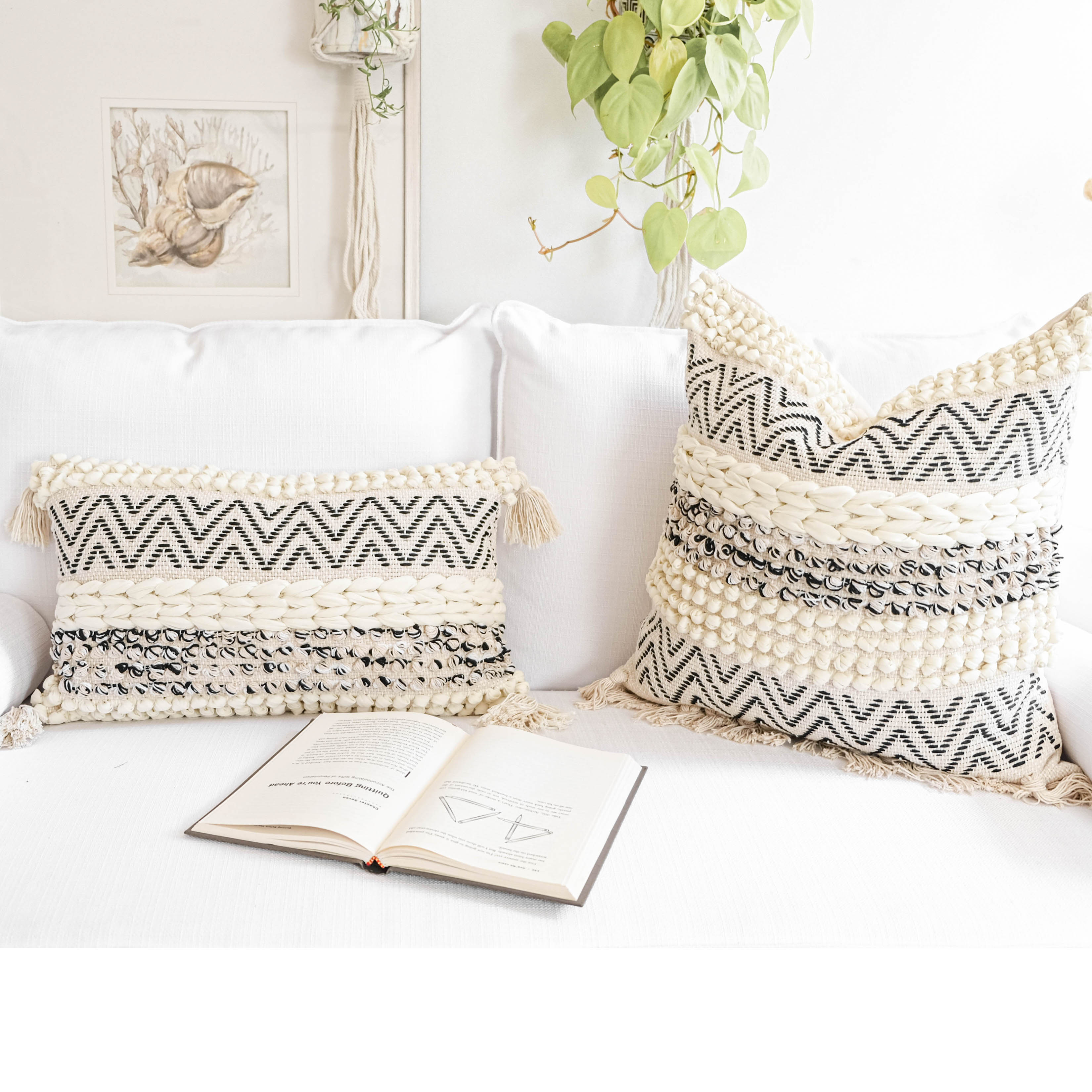 a boho textured lumbar throw pillow 12x20, cream and black color pillow cover (1 piece, cover only)