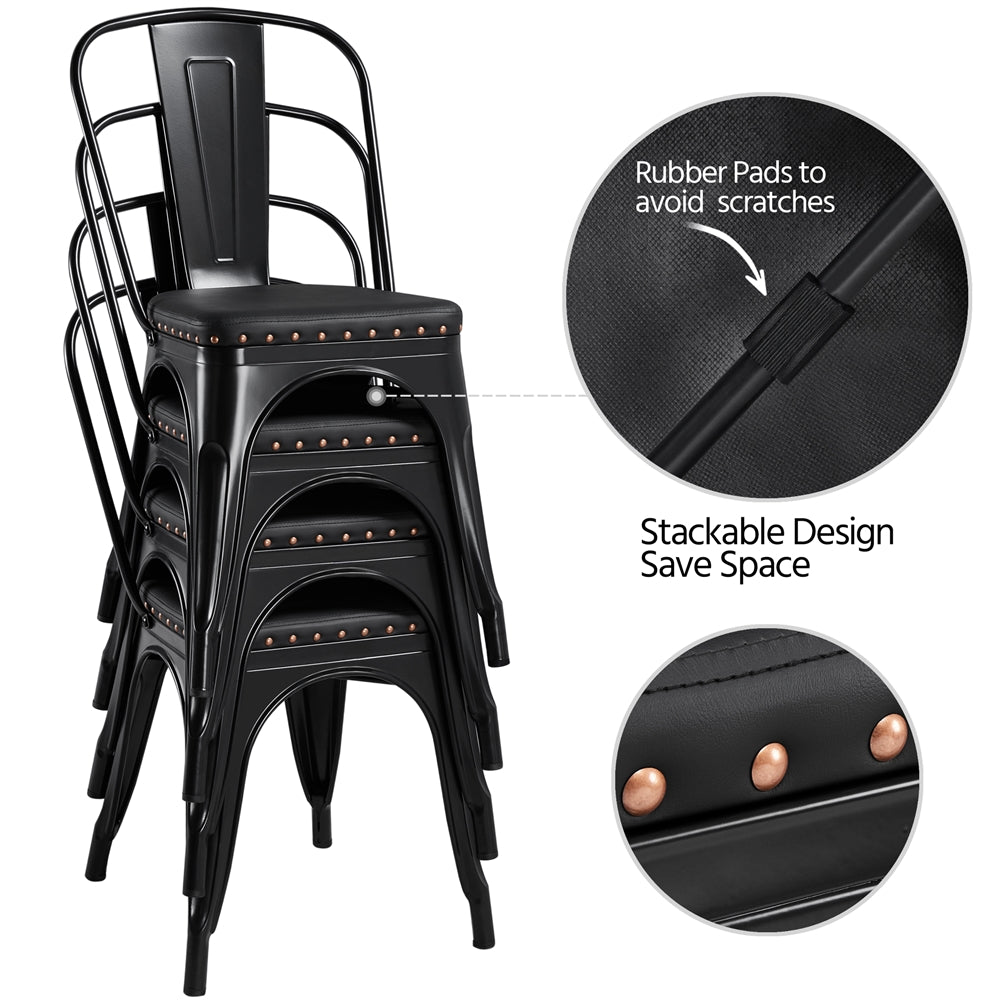 SMILE MART Industrial Metal Studded Dining Chair with Cushion， Set of 4， Black