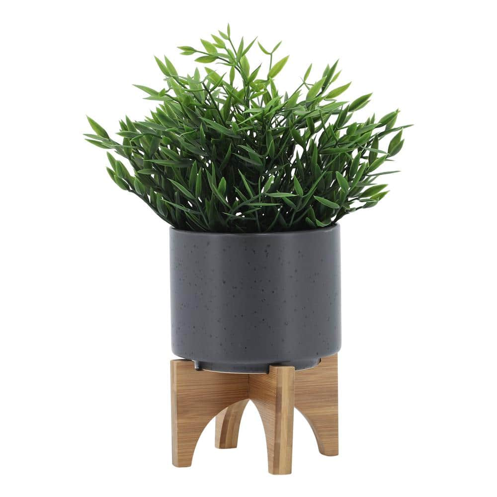 Flynama 5 in. Gray Ceramic Planter Stand Plant Pot with Wood Stand Feet for OutdoorIndoor(1-Pack) JX-79106869