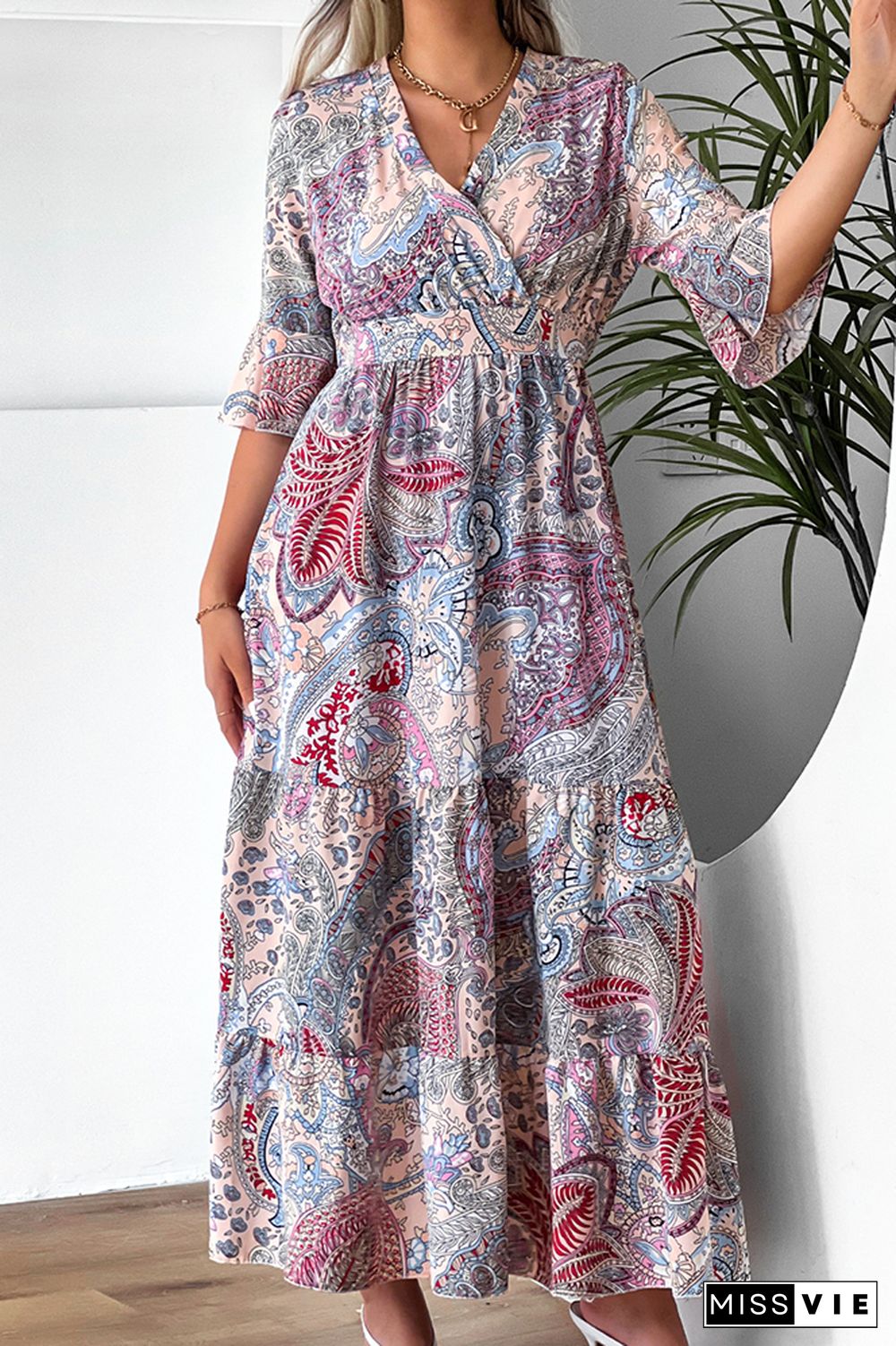 Paisley Floral Print Flare Sleeves Maxi Dress Wholesale