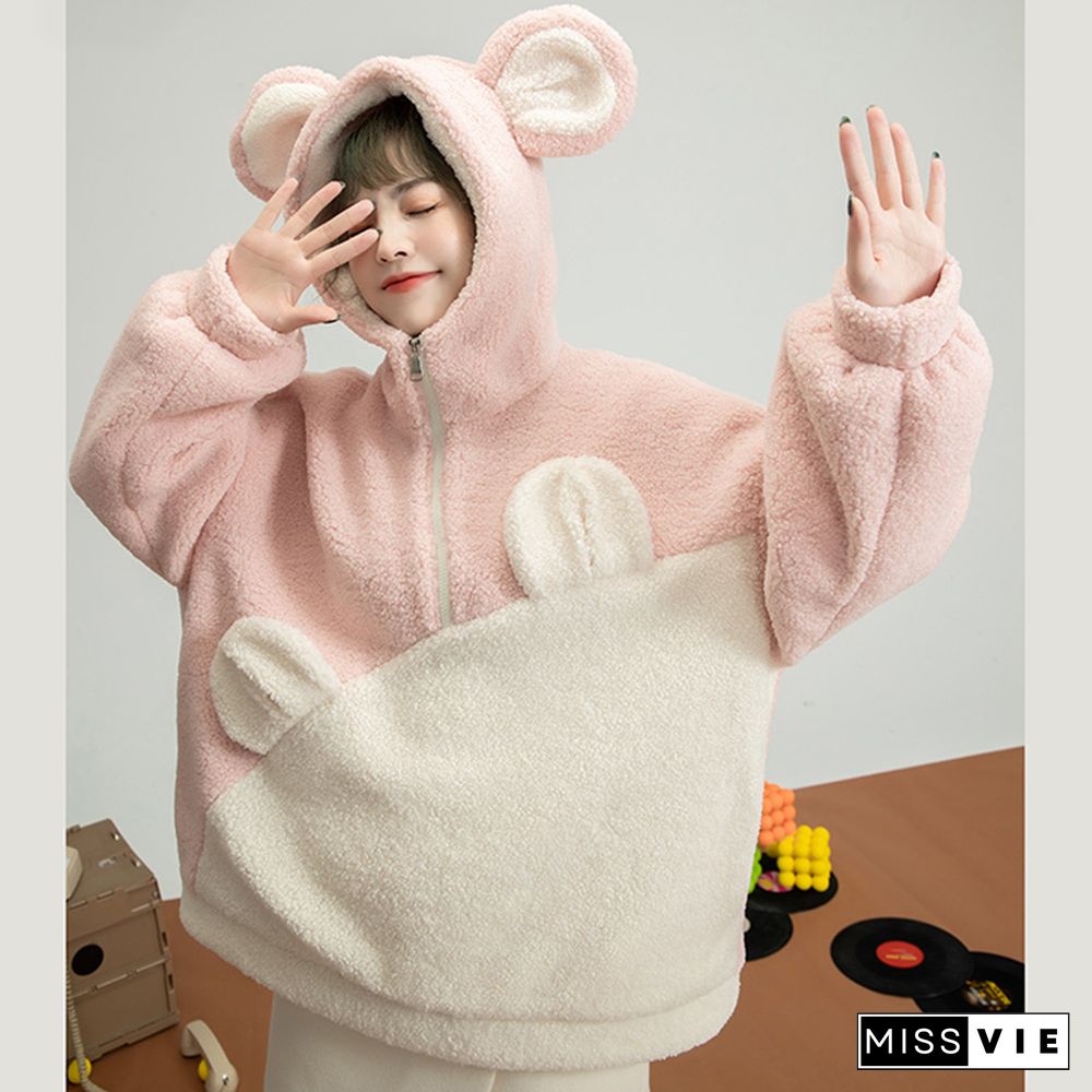 Cartoon Bear Ears Zipper Colorblock Loose Hoodie