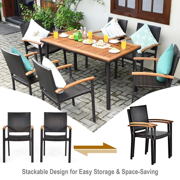 Costway 7 PCS Patio Rattan Dining Set Acacia Wood Table Top Stackable