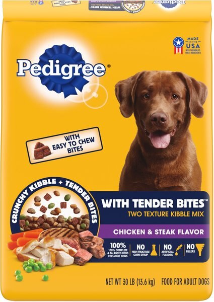 Pedigree Tender Bites Complete Nutrition Chicken and Steak Flavor Small Breed Dry Dog Food， 30-lb bag