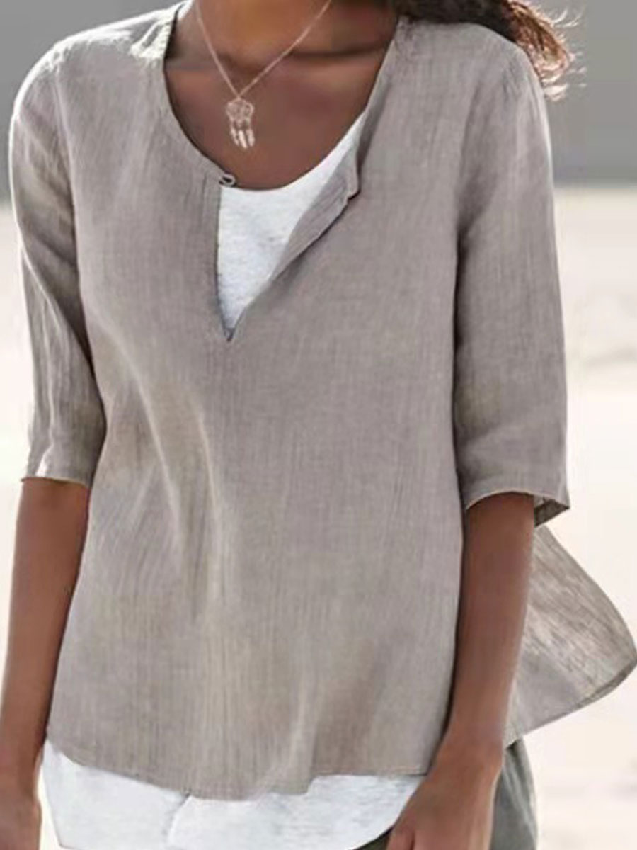 Round Neck Casual Loose Solid Color Long Sleeve Blouse