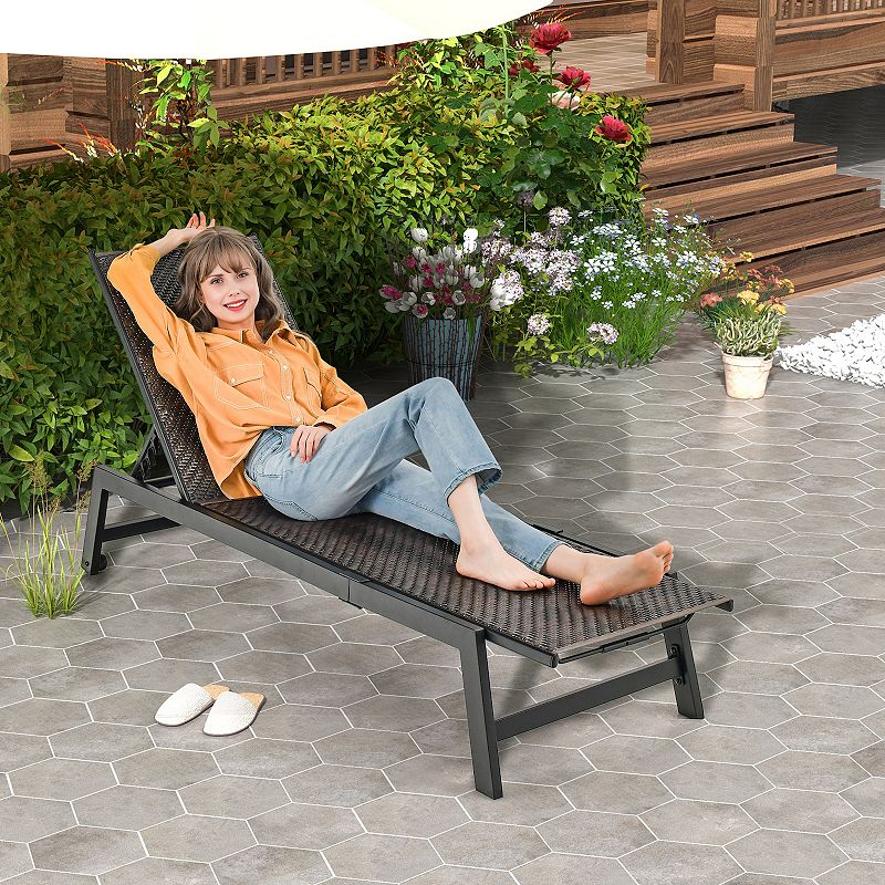 Patio PE Rattan Chaise Lounge with 5-Level Backrest and Wheels-Brown