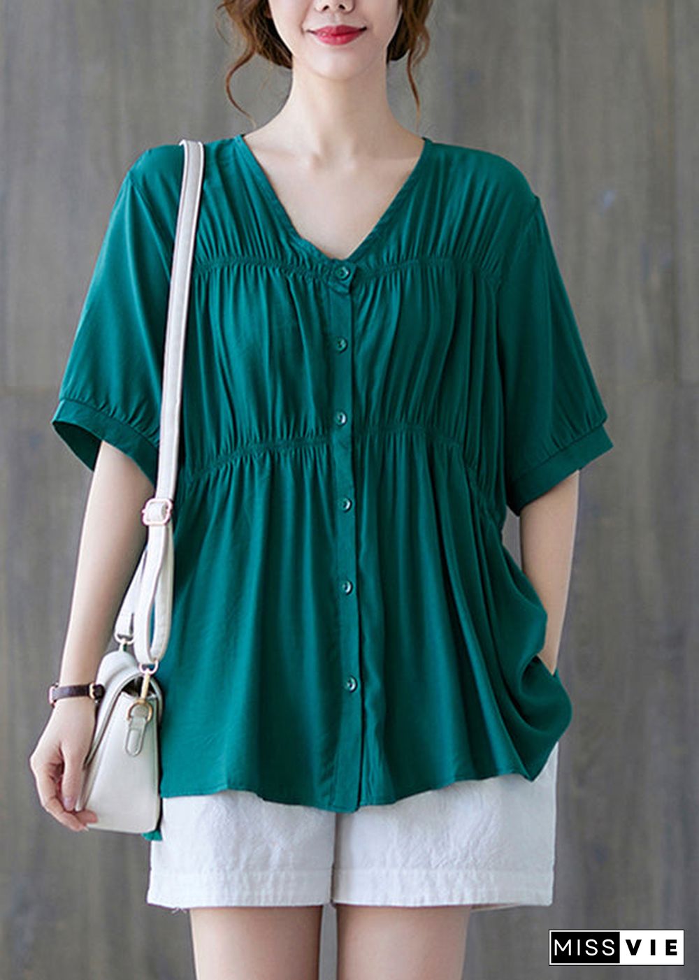 Women Green V Neck Buttton wrinkled Cotton Shirt Tops Short Sleeve