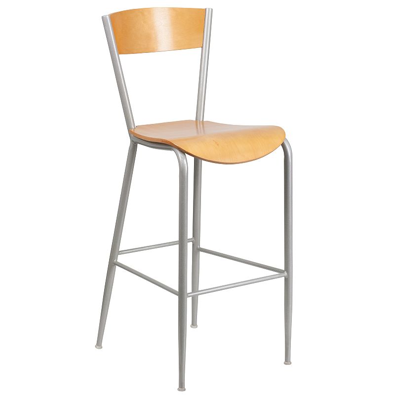 Emma and Oliver Silver Metal Barstool， Natural Wood Back and Seat