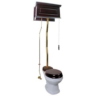 RENOVATORS SUPPLY MANUFACTURING Cornish High Tank Toilet 2-Piece 1.6 GPF Single Flush Round Bowl in White Dark Oak Tank and Brass Pipe Seat Not Included 20162