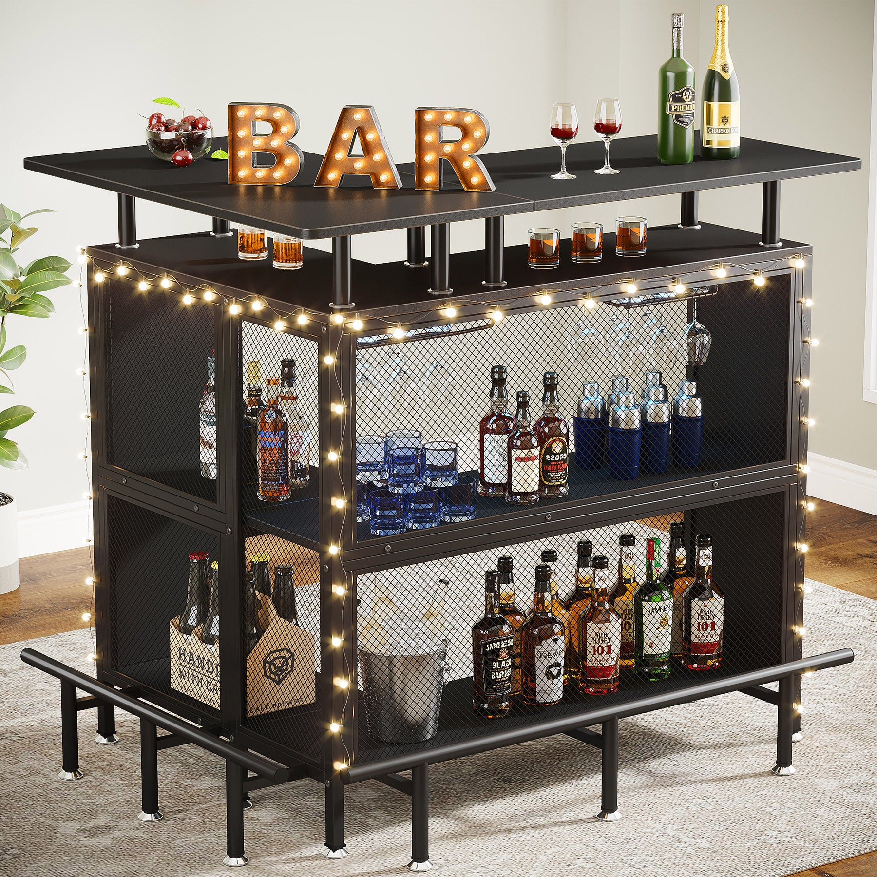 L-Shaped Home Bar Unit, Liquor Bar Table with Glasses Holders & Shelves